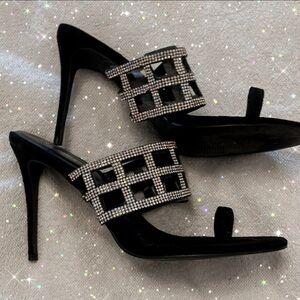 SALE!  CAPE ROBBIN 10 BLACK SUEDE HEELS WITH IRIDESCENT CAGE SPARKLE STRAP